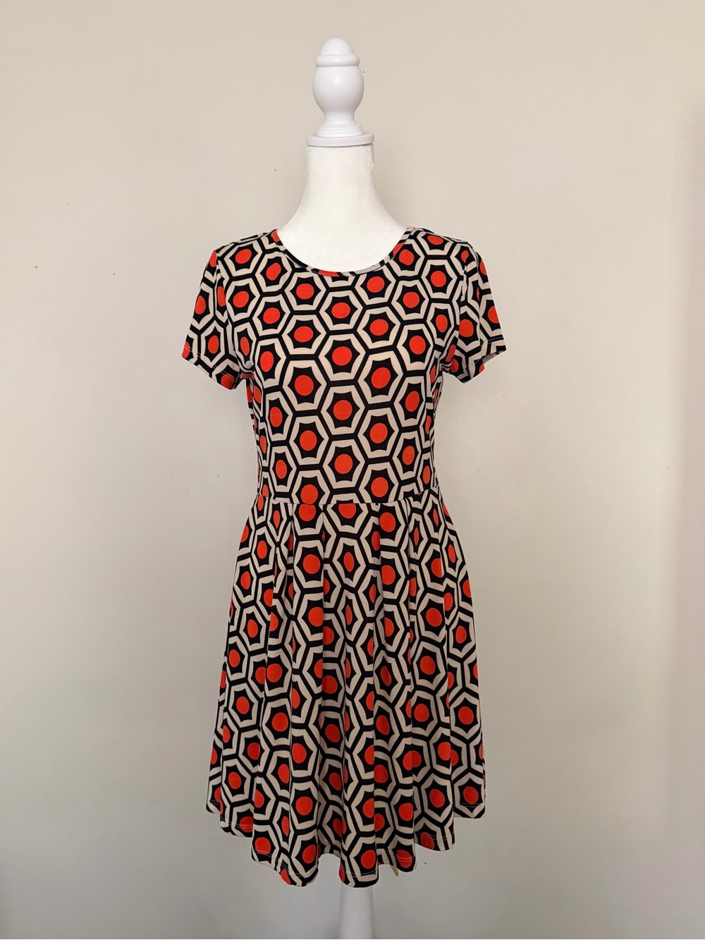Sunny Girl Geometric Fit-and-Flare Dress - Navy, Cream & Orange